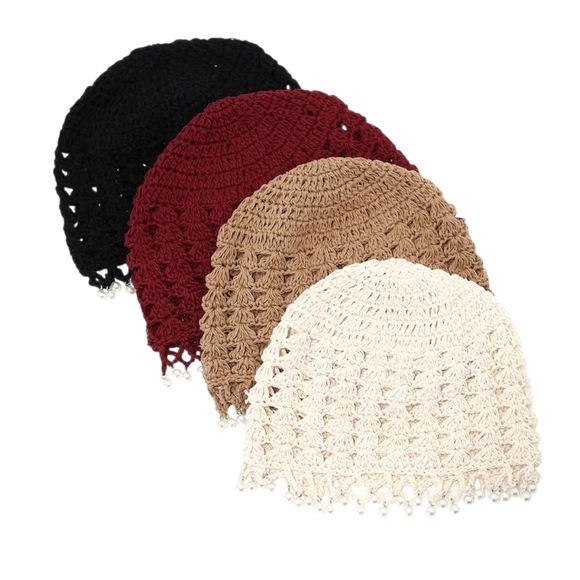 Crochet Beanie Faux Pearl Tassels Burgundy - Picture 4 of 10